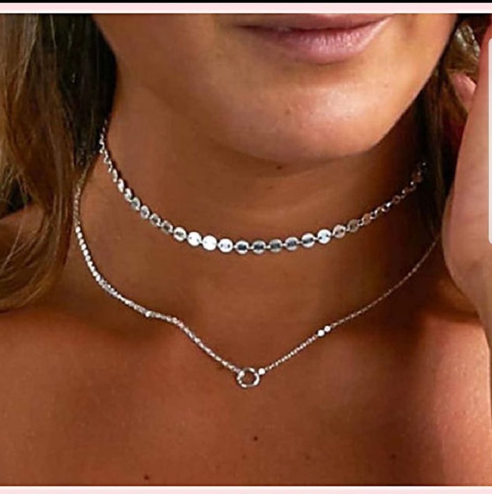 Double Silver Circle Choker Layer Necklace NEW NWT